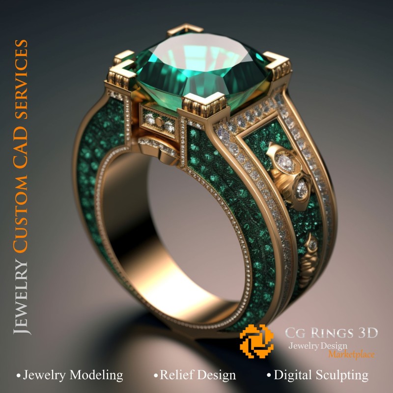 祖母绿与钻石戒指 - 3D CAD 珠宝主页，AI - 珠宝 3D CAD，AI - 戒指 3D CAD