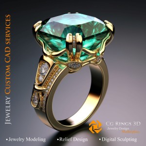 Anillo con esmeralda y diamantes - CAD 3D de joyería, IA - CAD 3D de anillos