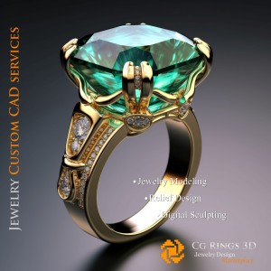 Ring With Emerald and Diamonds - 3D CAD Jewelry Home, AI - Jewelry 3D CAD , AI - Rings 3D CAD 2