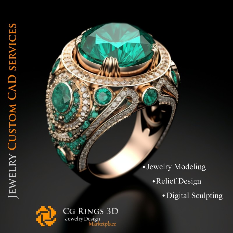 Ring mit Smaragd und Diamanten - 3D-CAD-Schmuck Home, KI - Schmuck 3D-CAD, KI - Ringe 3D-CAD