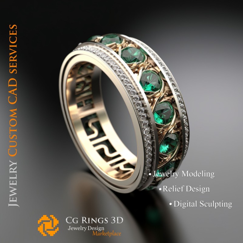 绿宝石及钻石戒指 - 3D 珠宝 CAD 家园, AI - 珠宝 3D CAD, AI - 戒指 3D CAD