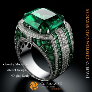 Anillo con Esmeralda y Diamantes - CAD 3D de Joyería, IA - CAD 3D de Anillos