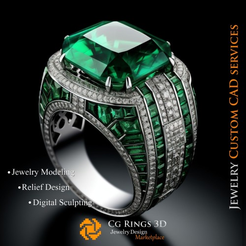 Anillo con Esmeralda y Diamantes - CAD 3D de Joyería, IA - CAD 3D de Anillos