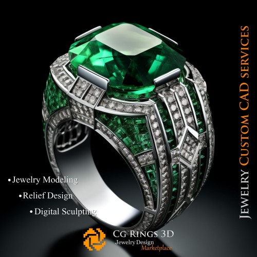 Anillo con esmeralda y diamantes - CAD 3D de joyería para el hogar, IA - CAD 3D de joyería, IA - CAD 3D de anillos