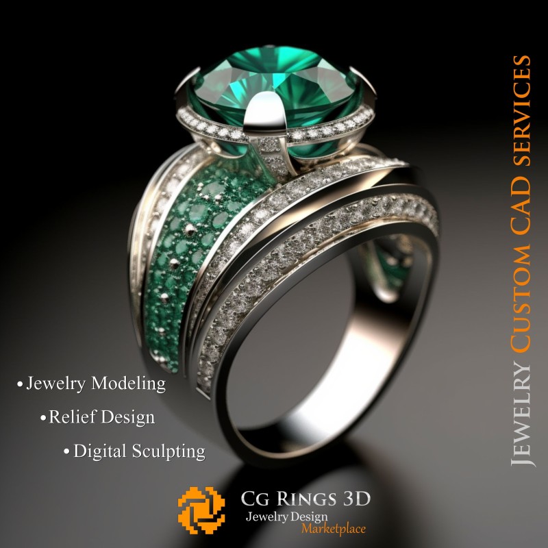 祖母绿与钻石戒指 - 3D CAD 珠宝主页，AI - 珠宝 3D CAD，AI - 戒指 3D CAD