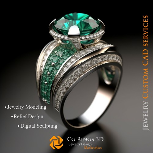 Ring mit Smaragd und Diamanten - 3D-CAD-Schmuck Zuhause, KI - Schmuck 3D-CAD, KI - Ringe 3D-CAD