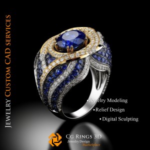 Anillo con zafiro y diamantes - CAD 3D de joyería para el hogar, IA - CAD 3D de joyería, IA - CAD 3D de anillos