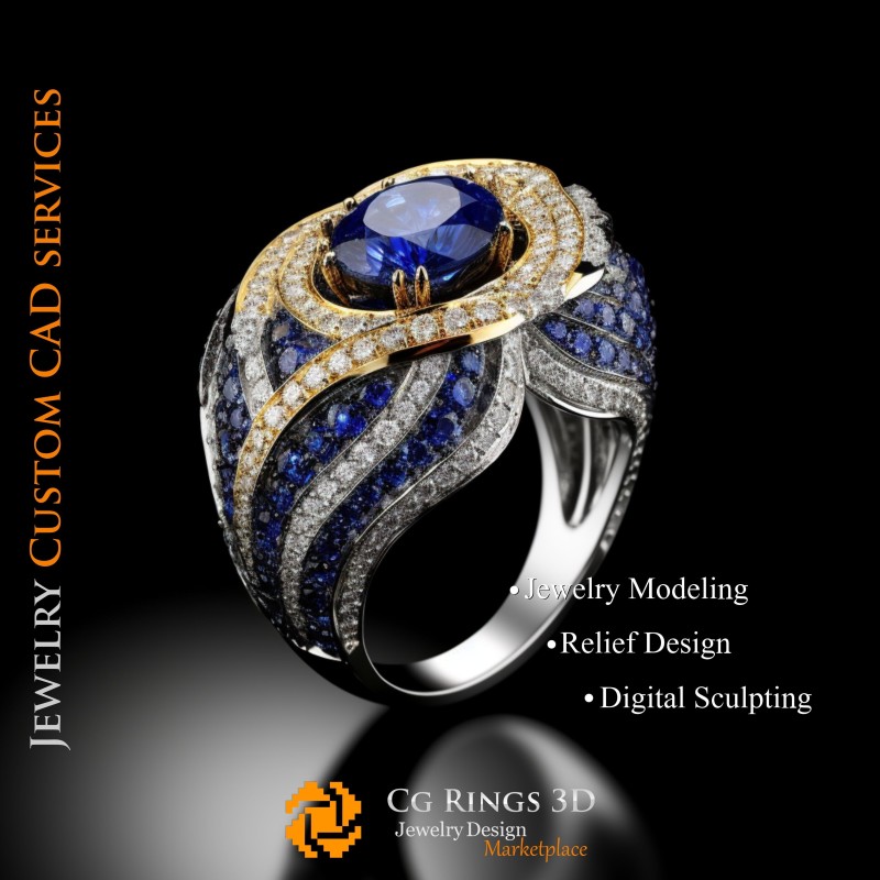 Anello con zaffiro e diamanti - CAD 3D per gioielli, IA - CAD 3D anelli