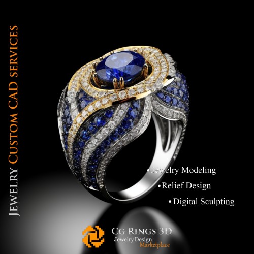 Ring mit Saphir und Diamanten - 3D-CAD-Schmuck Zuhause, KI - Schmuck 3D-CAD, KI - Ringe 3D-CAD