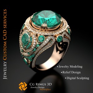 Anillo con esmeralda y diamantes - CAD 3D de joyería para el hogar, IA - CAD 3D de joyería, IA - Anillos CAD 3D