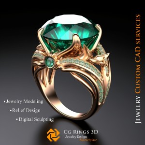 Anillo con esmeralda y diamantes - CAD 3D de joyería para el hogar, IA - CAD 3D de joyería, IA - Anillos CAD 3D