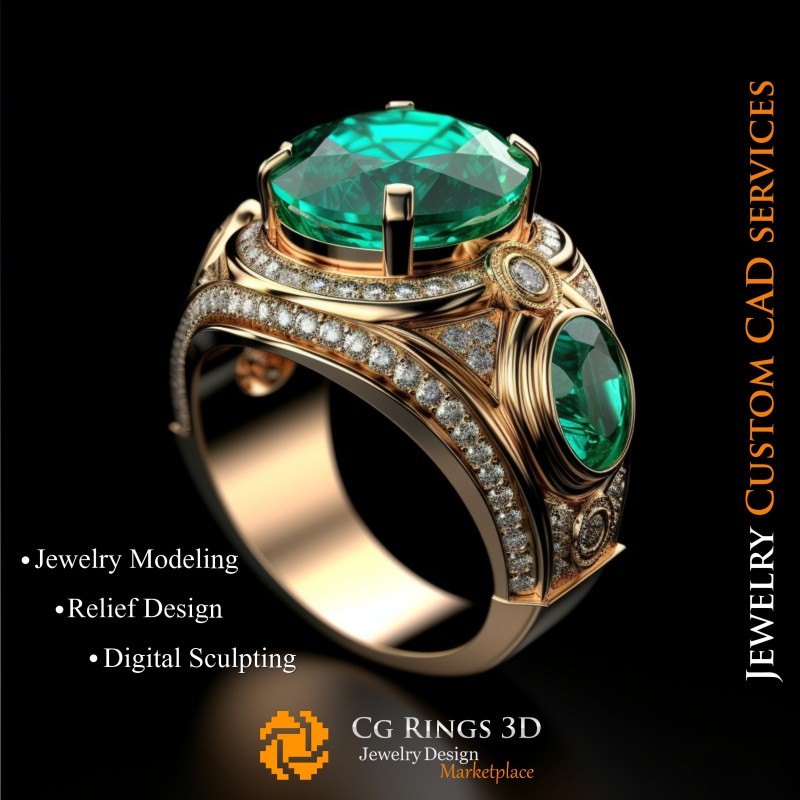 Ring mit Smaragd und Diamanten - 3D-CAD Schmuck Zuhause, KI - Schmuck 3D-CAD, KI - Ringe 3D-CAD