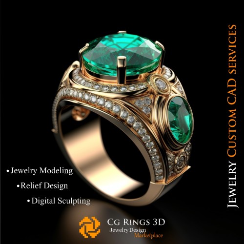 Ring mit Smaragd und Diamanten - 3D-CAD Schmuck Zuhause, KI - Schmuck 3D-CAD, KI - Ringe 3D-CAD