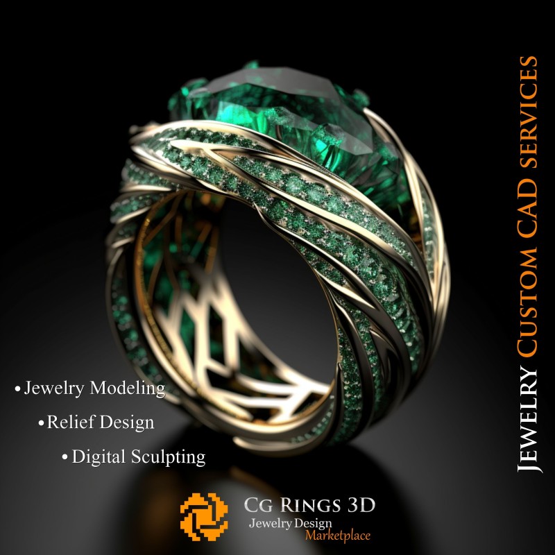 祖母绿和钻石戒指 - 3D CAD 珠宝之家，AI - 珠宝 3D CAD，AI - 戒指 3D CAD