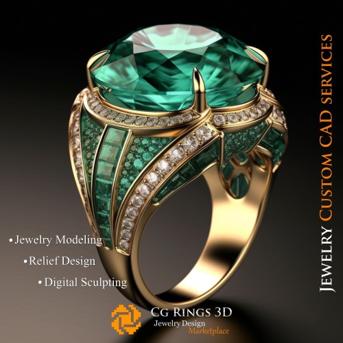 Ring mit Smaragd und Diamanten - 3D-CAD-Schmuck Zuhause, KI - Schmuck 3D-CAD, KI - Ringe 3D-CAD