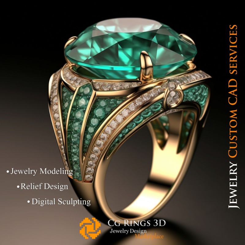 Anillo con esmeralda y diamantes - CAD 3D de joyería para el hogar, IA - CAD 3D de joyería, IA - CAD 3D de anillos