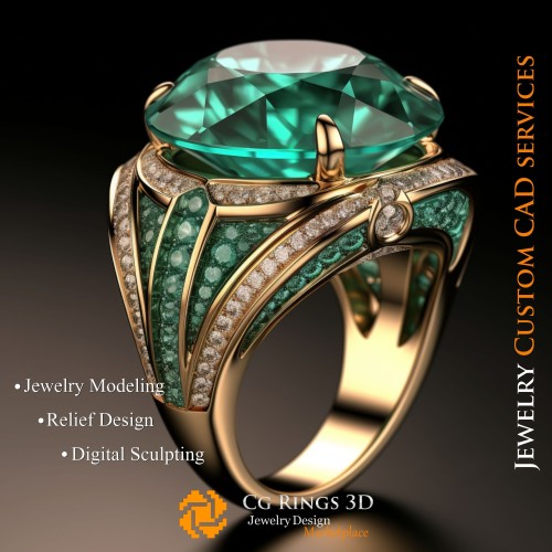 Ring mit Smaragd und Diamanten - 3D-CAD-Schmuck Home, KI - Schmuck 3D-CAD, KI - Ringe 3D-CAD