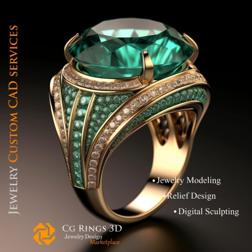 Ring mit Smaragd und Diamanten - 3D-CAD-Schmuck Zuhause, KI - Schmuck 3D-CAD, KI - Ringe 3D-CAD