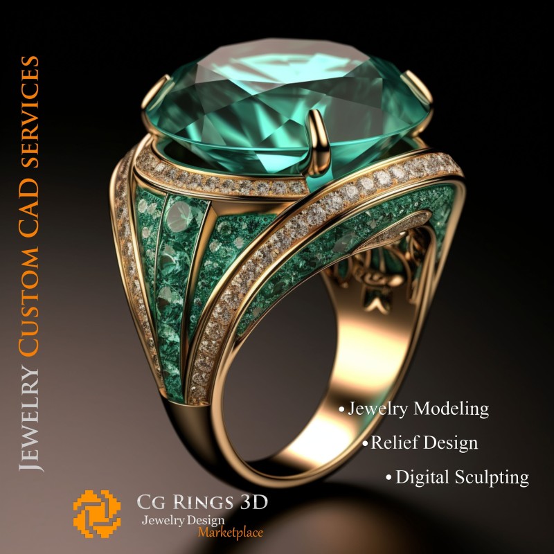 Ring mit Smaragd und Diamanten - 3D-CAD-Schmuck Zuhause, KI - Schmuck 3D-CAD, KI - Ringe 3D-CAD