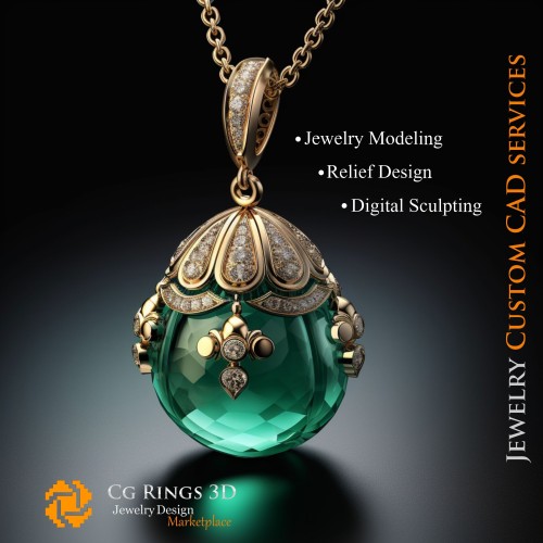 Ciondolo con Smeraldo e Diamanti - Gioielli 3D CAD Casa, AI - Gioielleria 3D CAD, AI - Ciondoli 3D CAD