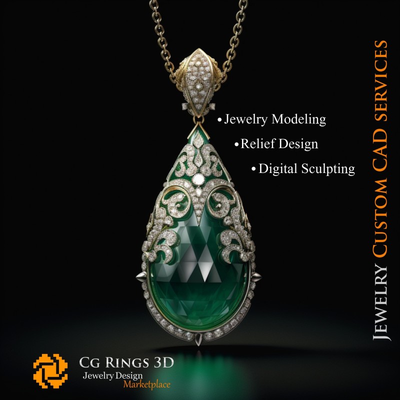 Anhänger mit Smaragd und Diamanten - 3D-CAD-Schmuck-Homepage, KI - Schmuck 3D-CAD, KI - Anhänger 3D-CAD