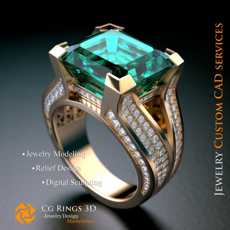 Anillo con Esmeralda y Diamantes - CAD 3D de Joyería para el Hogar, IA - CAD 3D de Joyería, IA - CAD 3D de Anillos