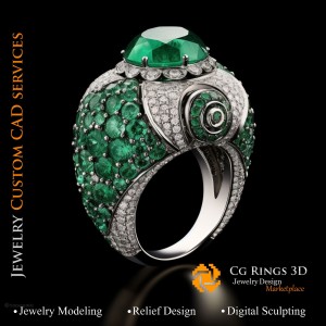 Anillo con esmeralda y diamantes - CAD 3D de joyería para el hogar, IA - CAD 3D de joyería, IA - Anillos CAD 3D