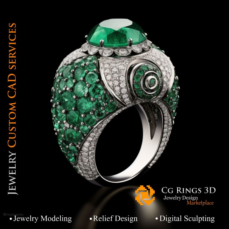 Anello con smeraldo e diamanti - CAD 3D Gioielleria Home, AI - CAD 3D Gioielli, AI - Anelli CAD 3D