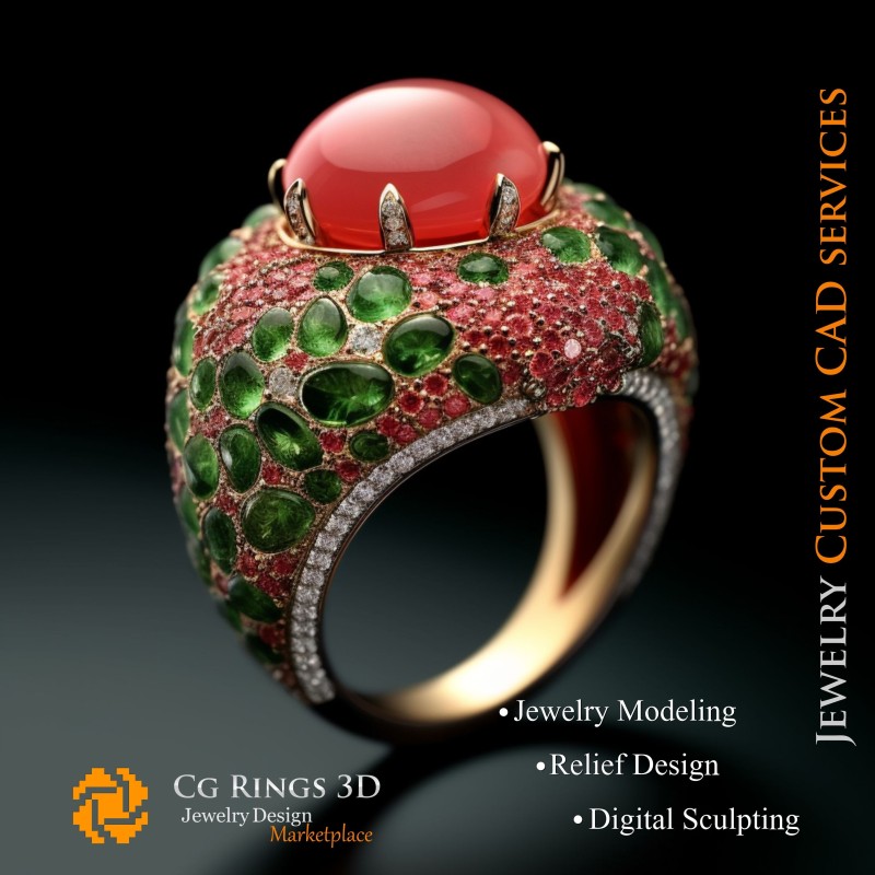 Anello con Corallo, Smeraldo e Diamanti - CAD 3D Gioielli Casa, AI - CAD 3D Gioielli, AI - CAD 3D Anelli