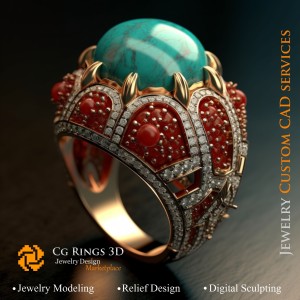 绿松石、珊瑚与钻石戒指 - 3D CAD 珠宝家居，AI - 珠宝 3D CAD，AI - 戒指 3D CAD