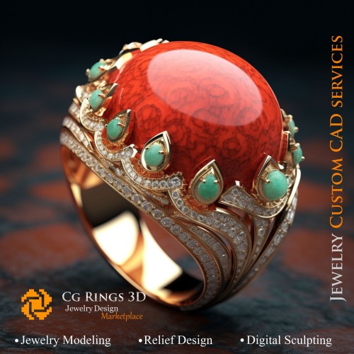 Anillo con coral, esmeralda y diamantes - CAD 3D de joyería para el hogar, IA - CAD 3D de joyería, IA - CAD 3D de anillos