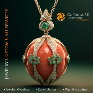 Anhänger mit Koralle, Smaragd und Diamanten - 3D-CAD Schmuck Zuhause, KI - Schmuck 3D-CAD, KI - Anhänger 3D-CAD