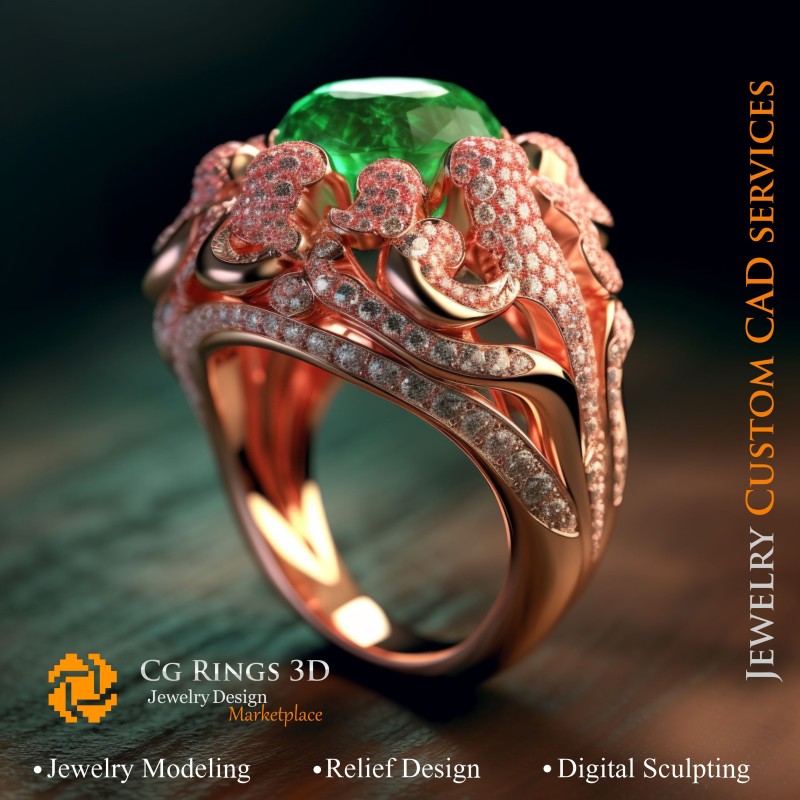 Ring Koralle mit Smaragd und Diamanten - 3D-CAD Schmuck Home, KI - Schmuck 3D-CAD, KI - Ringe 3D-CAD