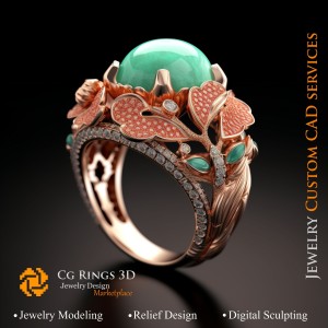 Ring Koralle mit Smaragd und Diamanten - 3D-CAD-Schmuck Zuhause, KI - Schmuck 3D-CAD, KI - Ringe 3D-CAD