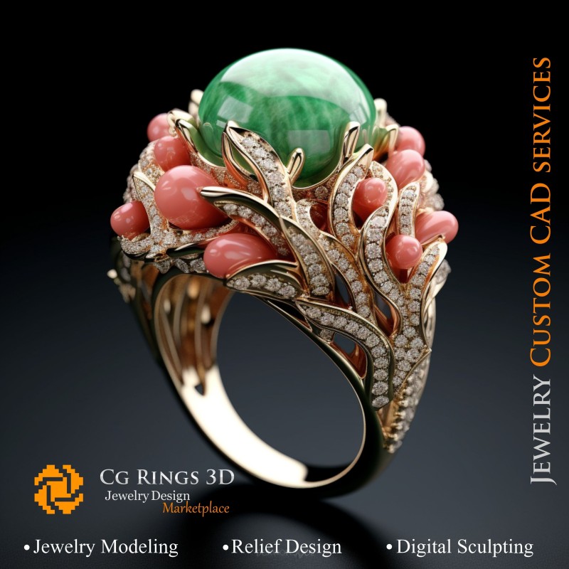 珊瑚与祖母绿戒指，珊瑚和钻石 - 3D CAD 珠宝首页，AI - 珠宝 3D CAD，AI - 戒指 3D CAD