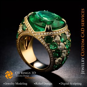 Ring mit Smaragd und Diamanten - 3D-CAD-Schmuck Zuhause, KI - Schmuck 3D CAD, KI - Ringe 3D CAD