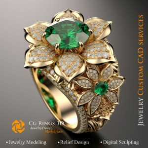 Anello a Fiore con Smeraldo e Diamanti - CAD 3D per Gioielli, AI - CAD 3D Anelli