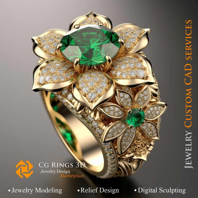绿宝石与钻石花朵戒指 - 3D CAD 珠宝之家，AI - 珠宝 3D CAD，AI - 戒指 3D CAD