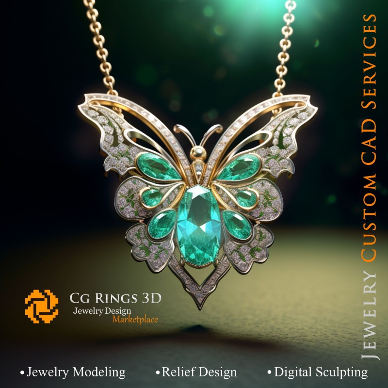 Schmetterlingsanhänger mit Smaragden und Diamanten - 3D-CAD-Schmuck Home, KI - Schmuck 3D-CAD, KI - Anhänger 3D-CAD