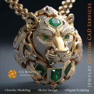 Pendentif Lion avec Émeraude et Diamants - CAO 3D Bijoux Maison, IA - CAO 3D Bijoux, IA - Pendentifs CAO 3D