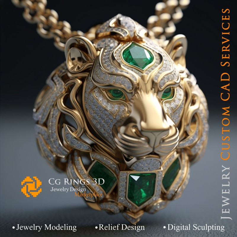 带祖母绿和钻石的狮子吊坠 - 3D CAD 珠宝之家，AI - 珠宝 3D CAD，AI - 吊坠 3D CAD