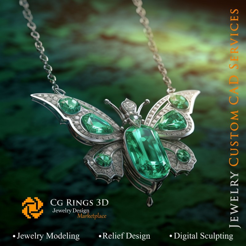 Colgante de mariposa con esmeraldas y diamantes - Joyería CAD 3D