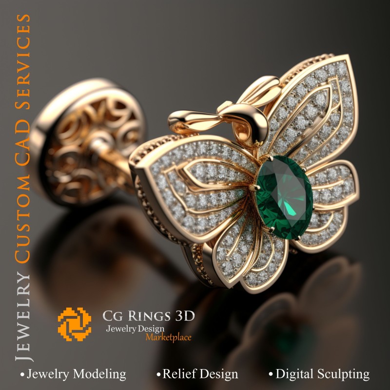 Gemelos en forma de mariposa con esmeraldas y diamantes - CAD 3D para joyería, IA - CAD 3D para gemelos