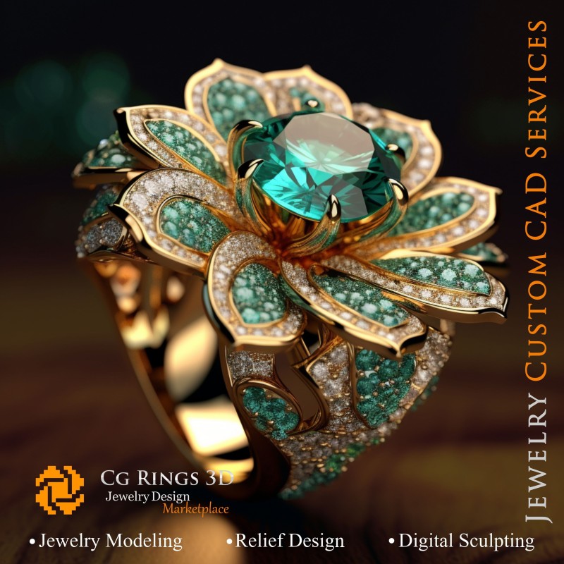 Anello a Fiore con Smeraldo e Diamanti - CAD 3D Gioielli Home, AI - CAD 3D Gioielli, AI - CAD 3D Anelli