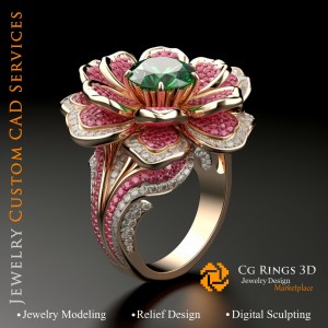 Anillo Flor con Rubí, Esmeralda y Diamantes - CAD 3D de Joyería en Casa, IA - CAD 3D de Joyería, IA - CAD 3D de Anillos