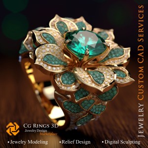 镶祖母绿与钻石的花朵戒指 - 3D CAD 珠宝家居, AI - 珠宝 3D CAD, AI - 戒指 3D CAD
