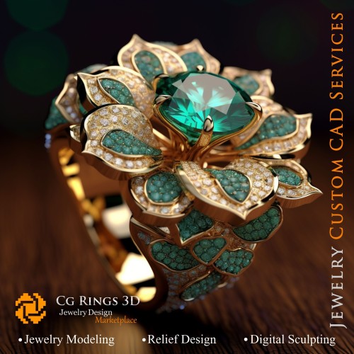 Anello a Fiore con Smeraldo e Diamanti - CAD 3D Gioielli Casa, AI - CAD 3D Gioielli, AI - CAD 3D Anelli