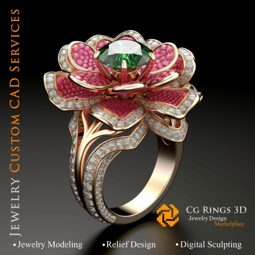 Blumenring mit Rubin, Smaragd und Diamanten - 3D-CAD-Schmuck Zuhause, KI - Schmuck 3D-CAD, KI - Ringe 3D-CAD