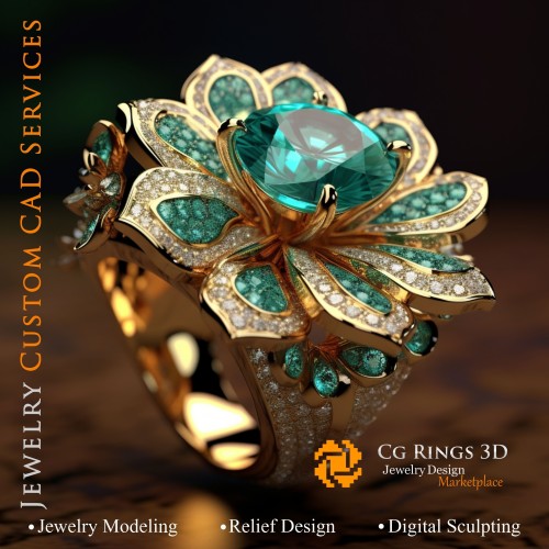 Blumenring mit Smaragd und Diamanten - 3D-CAD-Schmuck Zuhause, KI - Schmuck 3D-CAD, KI - Ringe 3D-CAD