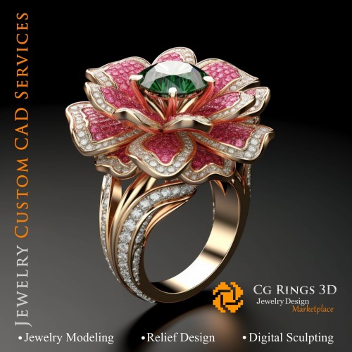 花朵戒指（红宝石、祖母绿和钻石）- 3D CAD 珠宝之家、AI - 珠宝 3D CAD、AI - 戒指 3D CAD